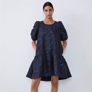 Zara Black and Blue Puff Sleeve Dress